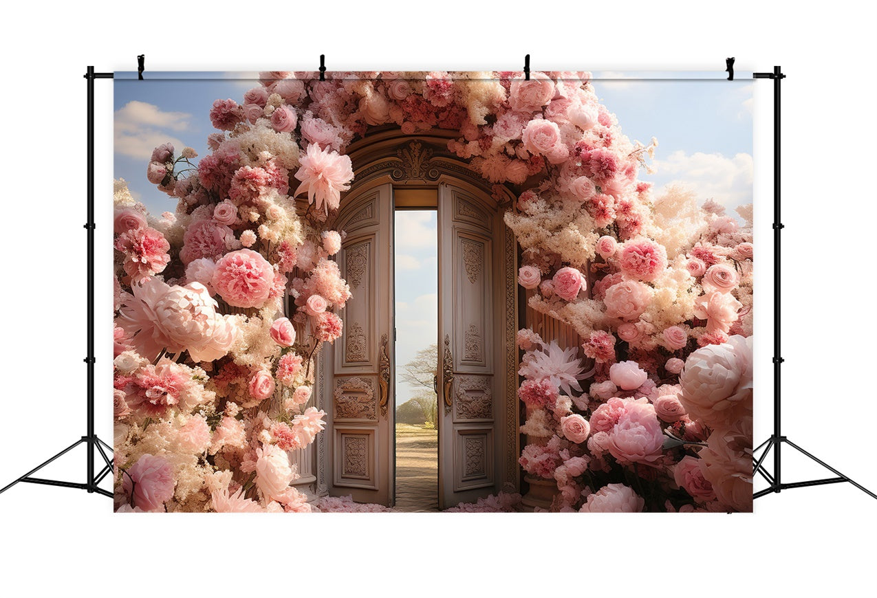 Spring Backdrops Enchanted Garden Doors Pink Flowers Backdrop UK BRP12-463