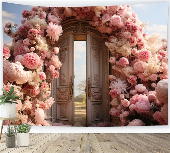 Spring Backdrops Enchanted Garden Doors Pink Flowers Backdrop UK BRP12-463