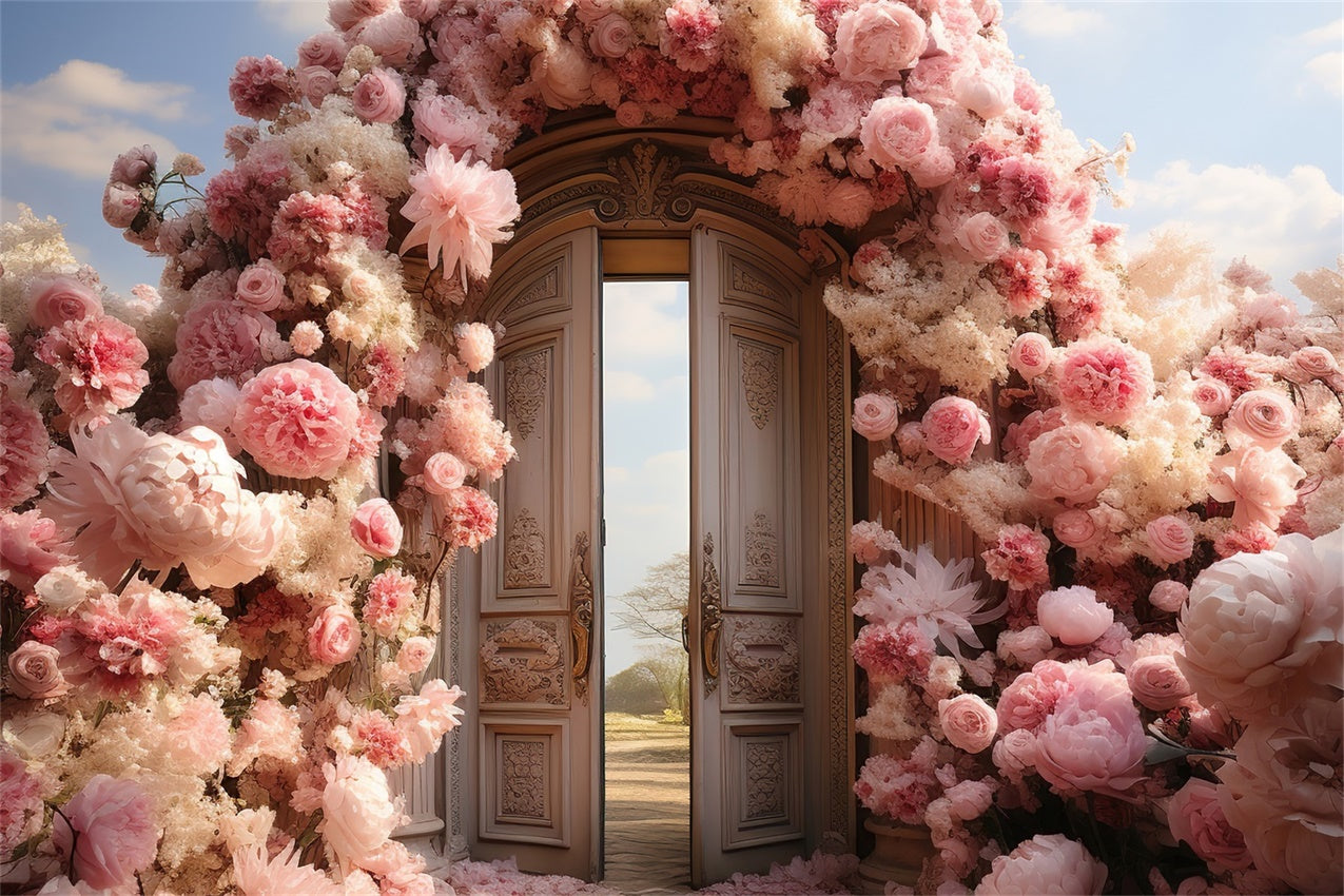 Spring Backdrops Enchanted Garden Doors Pink Flowers Backdrop UK BRP12-463