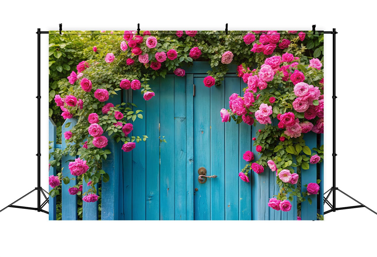 Spring Photo Backdrop Pink Roses Vintage Blue Gate Backdrop UK BRP12-489