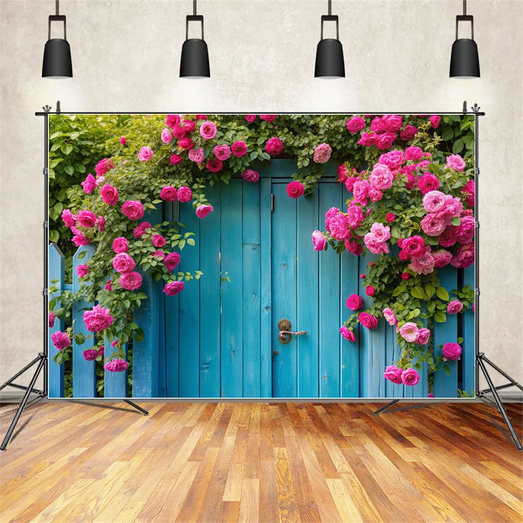 Spring Photo Backdrop Pink Roses Vintage Blue Gate Backdrop UK BRP12-489