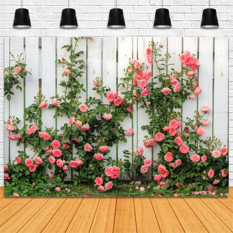 Floral Theme Backdrop White Wooden Fence Climbing Roses Backdrop UK BRP12-560