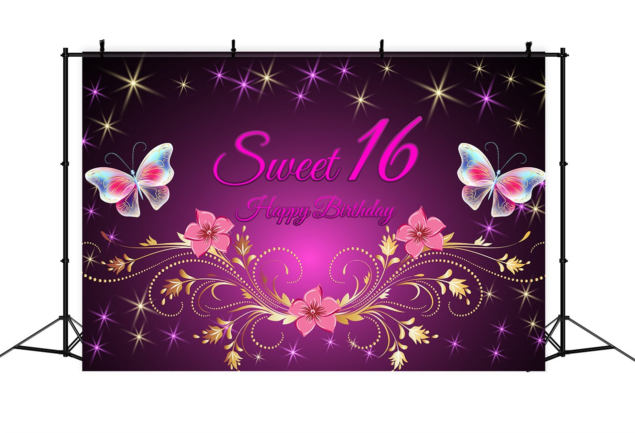 Custom Backdrop Birthday Purple Gold Floral Sweet 16 Backdrop UK BRP2-226