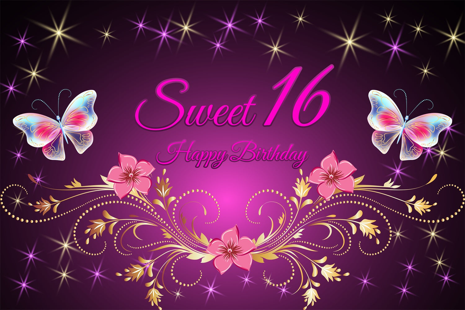 Custom Backdrop Birthday Purple Gold Floral Sweet 16 Backdrop UK BRP2-226