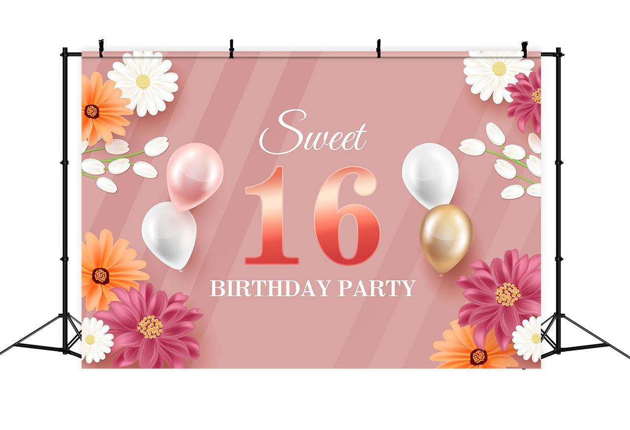 Personalised Backdrop Birthday Floral Sweet 16 Balloon Backdrop UK BRP2-228