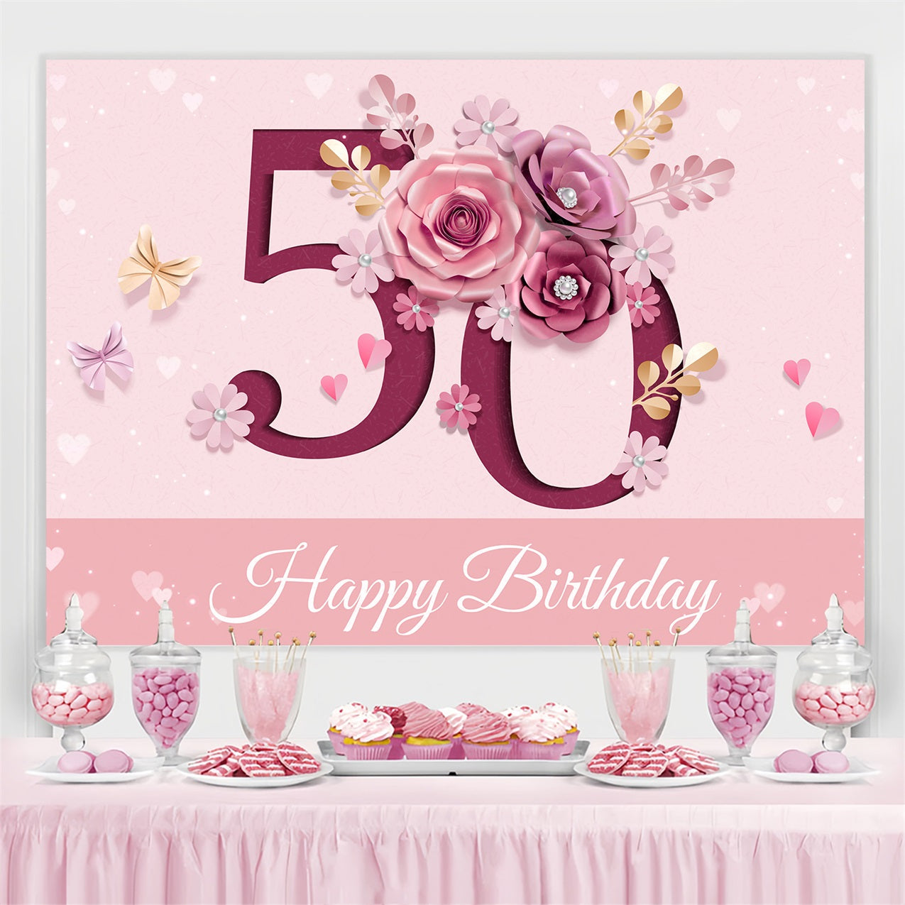 Personalized 50th Birthday Backdrop Floral Celebration Backdrop UK BRP2-233