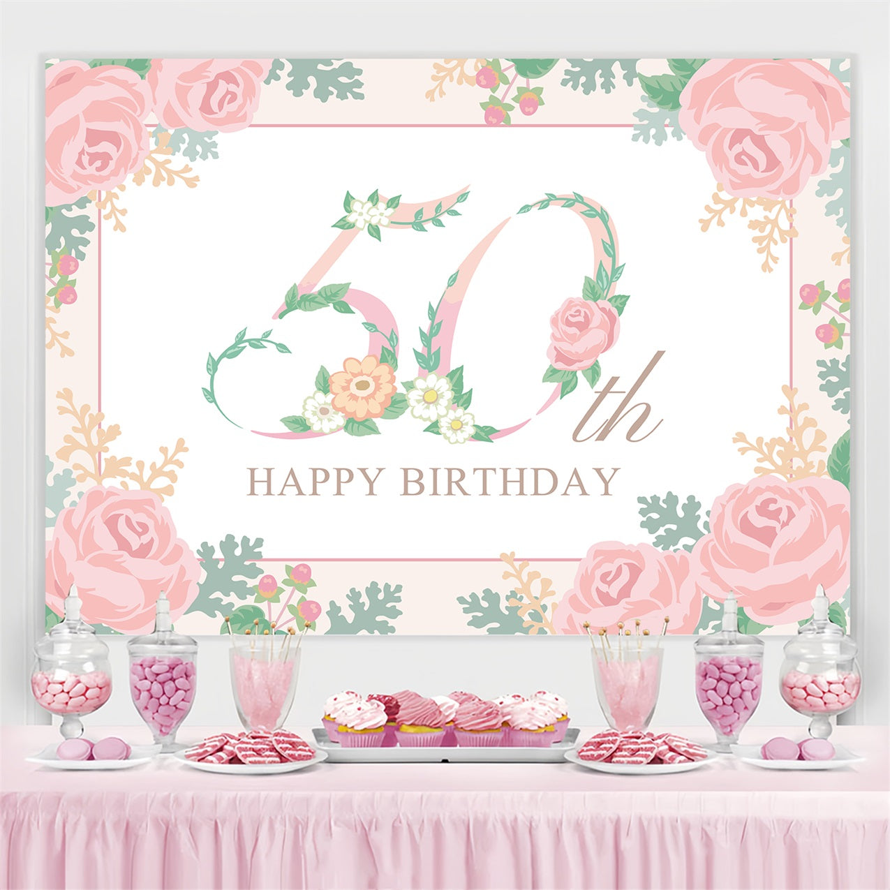 Personalized Backdrops For Birthday Romantic Floral 50th Backdrop UK BRP2-235