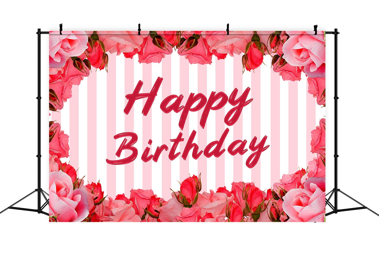 Custom Happy Birthday Backdrop Pink Rose Striped Backdrop UK BRP2-247