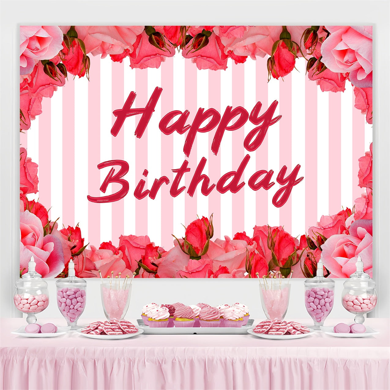 Custom Happy Birthday Backdrop Pink Rose Striped Backdrop UK BRP2-247