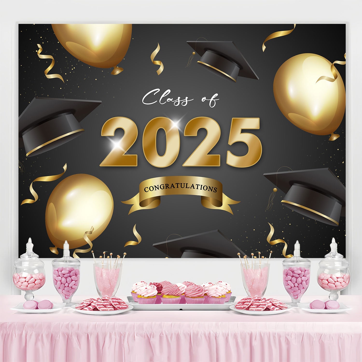 2025 Graduation Backdrop Shiny Gold Balloon Graduation Party Backdrop UK BRP2-248