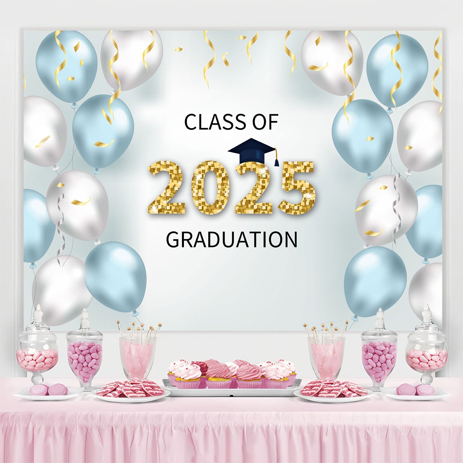 Graduation Backdrop Photoshoot Elegant Blue Silver Graduation Party Backdrop UK BRP2-253