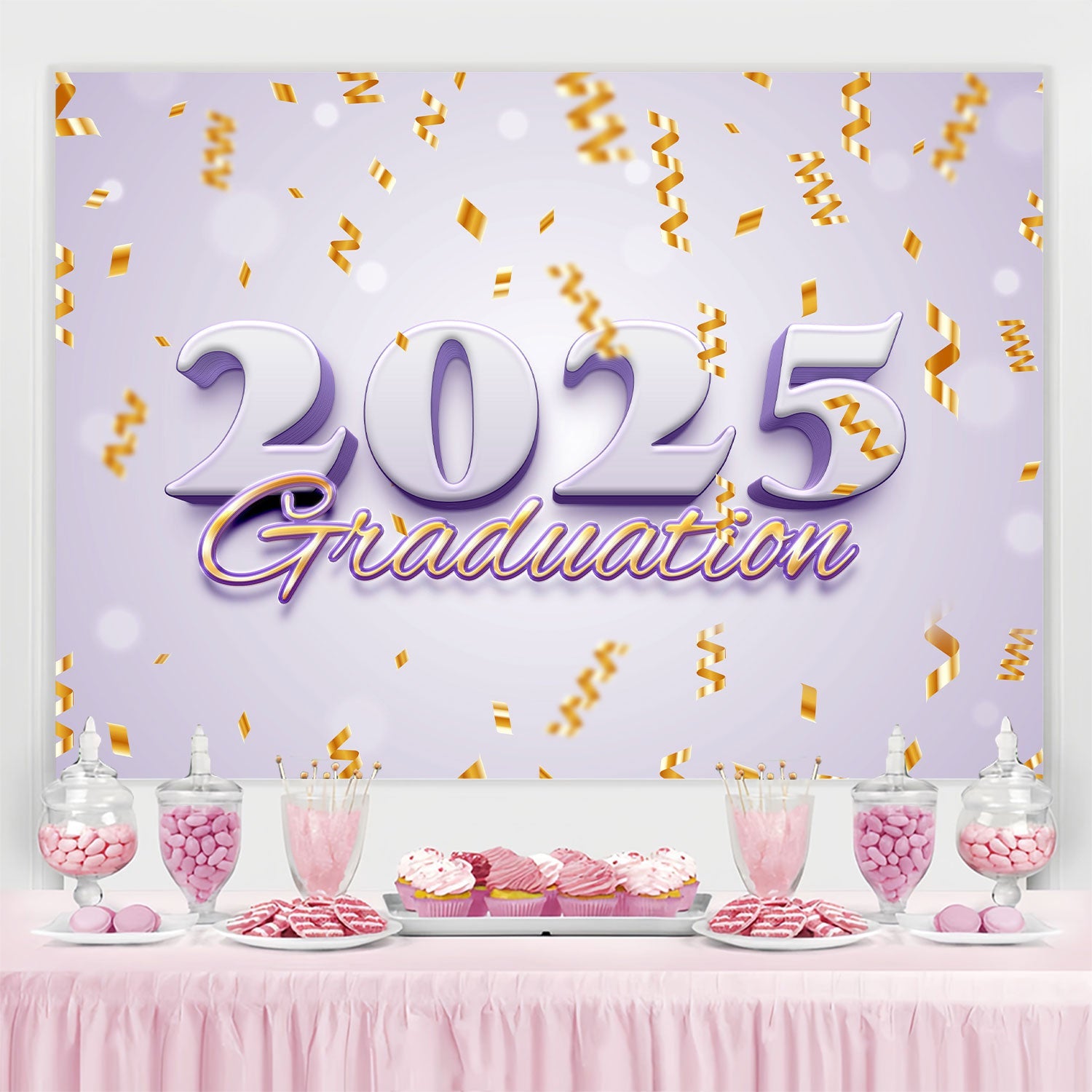 2025 Graduation Backdrop Gold Confetti Lavender Graduation Party Backdrop UK BRP2-275
