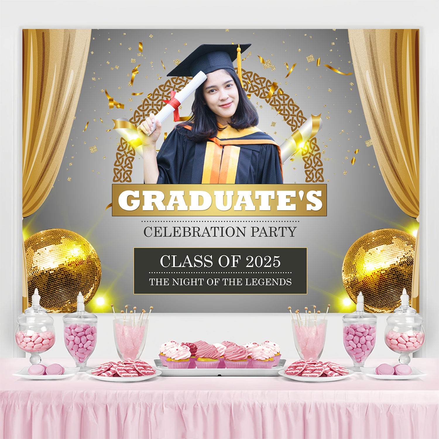 Custom Graduation Backdrop 2025 Festive Golden Graduation Party Backdrop UK BRP2-286