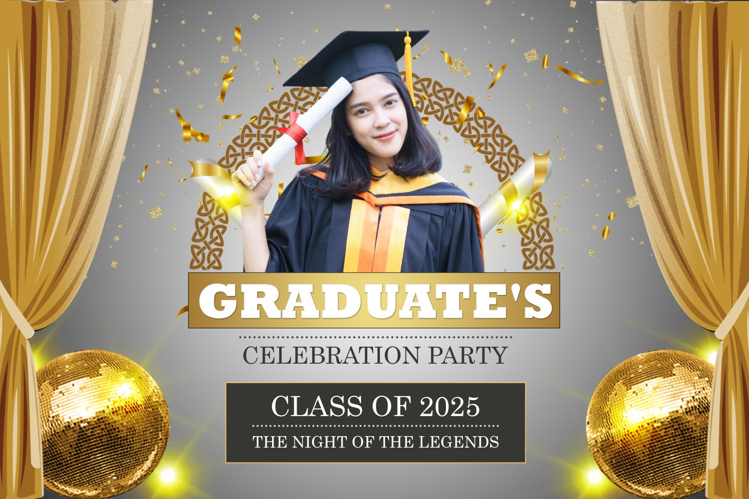 Custom Graduation Backdrop 2025 Festive Golden Graduation Party Backdrop UK BRP2-286