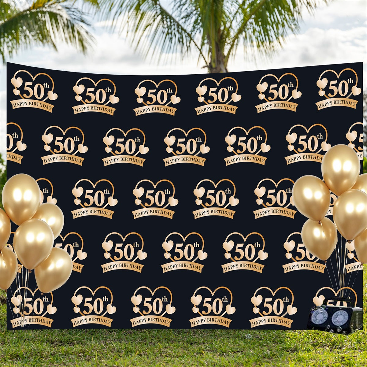 Personalized 50th Birthday Backdrop Golden Hearts Backdrop UK BRP3-107