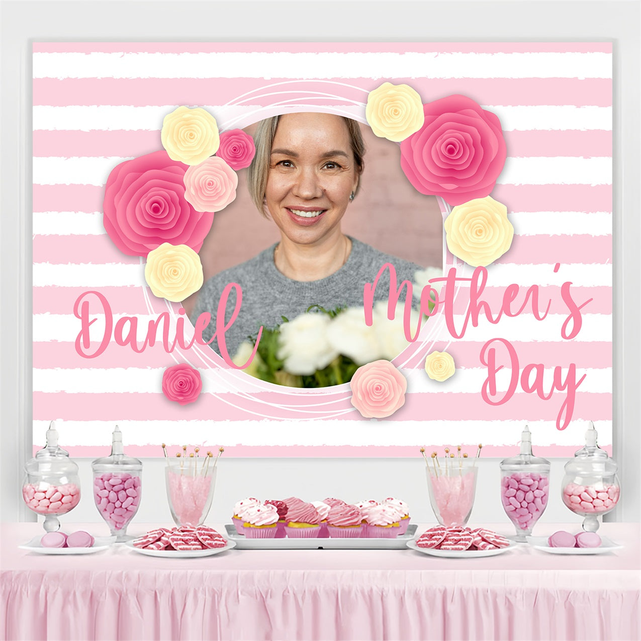 Mother's Day Backdrop Pastel Striped Rose Customized Backdrop UK BRP3-159