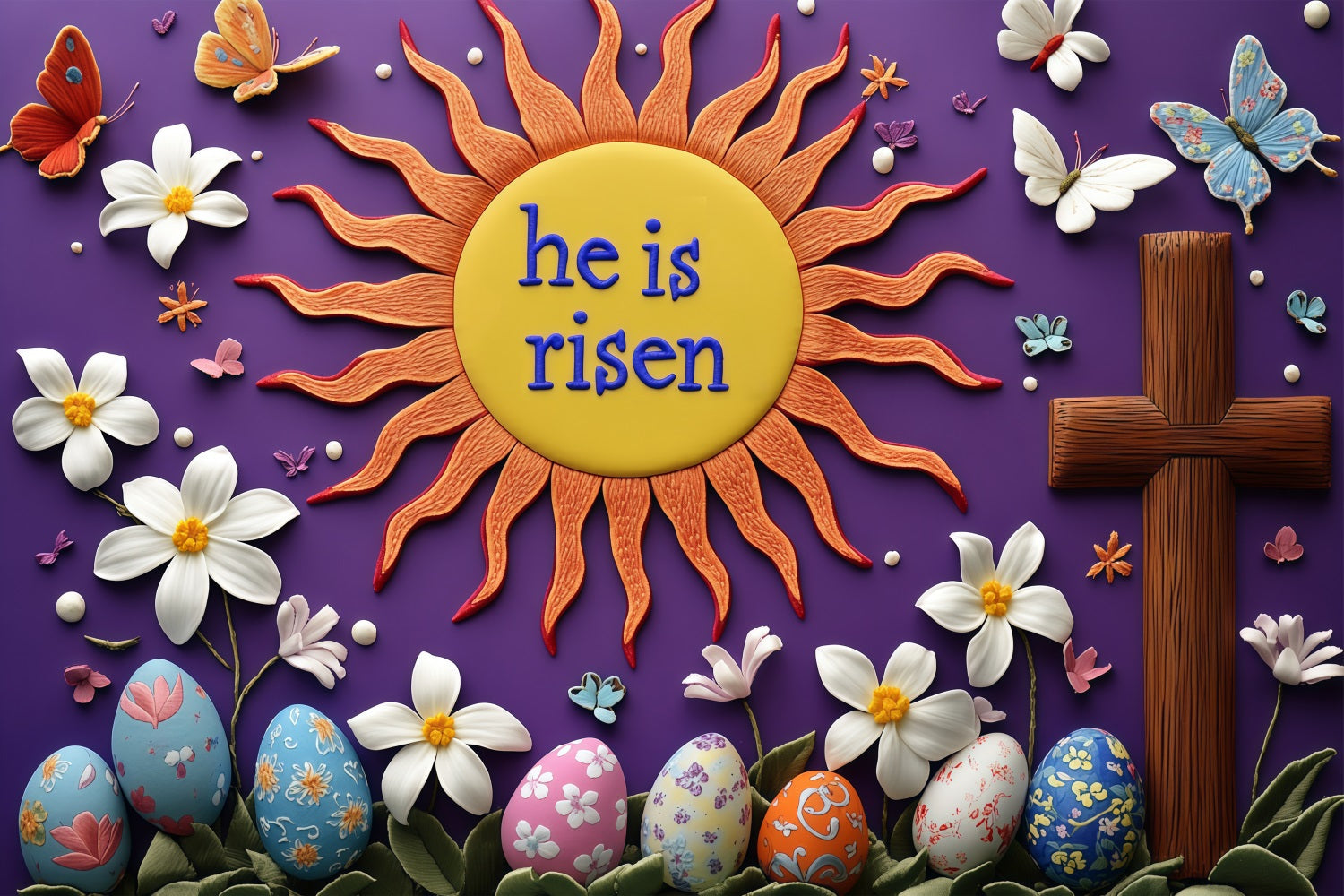Backdrop For Easter Sunburst Cross Floral Custom Backdrop UK BRP3-181
