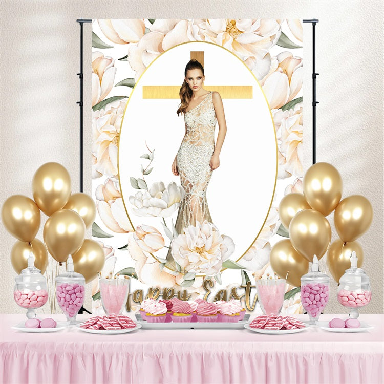 Religious Easter Backdrops Gold Cross Floral Personalized Backdrop UK BRP3-184