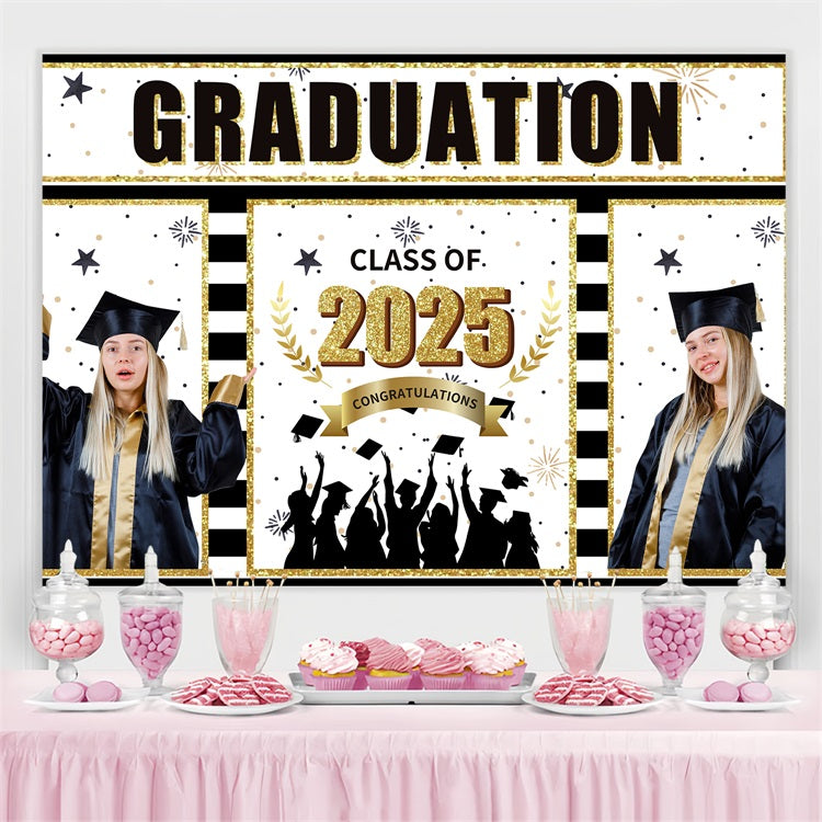 Graduation Photo Backdrop Black Gold Stripe Personalized Party Graduation Backdrop UK BRP3-228
