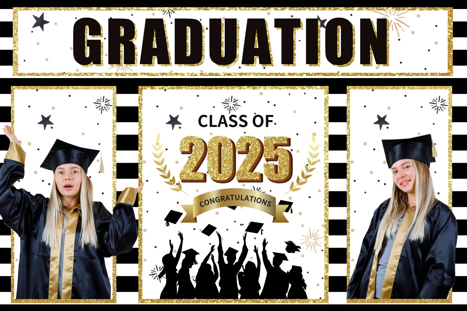 Graduation Photo Backdrop Black Gold Stripe Personalized Party Graduation Backdrop UK BRP3-228