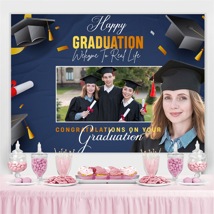Blue Graduation Backdrop Black Graduation Cap Personalised Party Graduation Backdrop UK BRP3-234