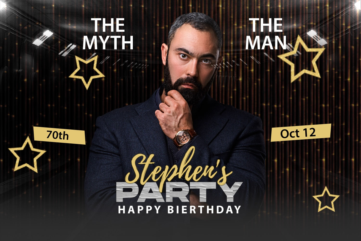 Personalized 70th Birthday Backdrop Elegant Black Gold Backdrop UK BRP3-251