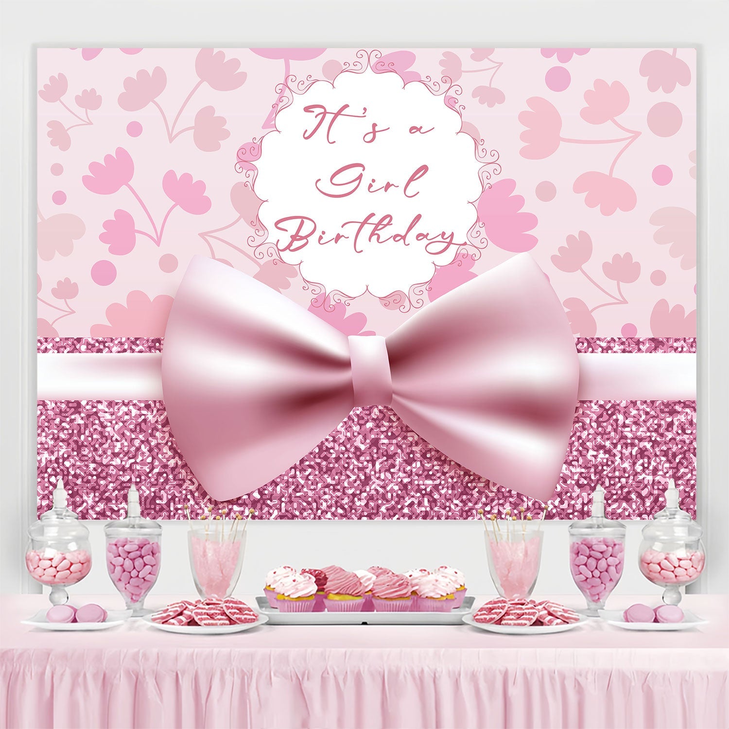 Personalized Birthday Photo Backdrop Romantic Pink Bow Backdrop UK BRP3-56