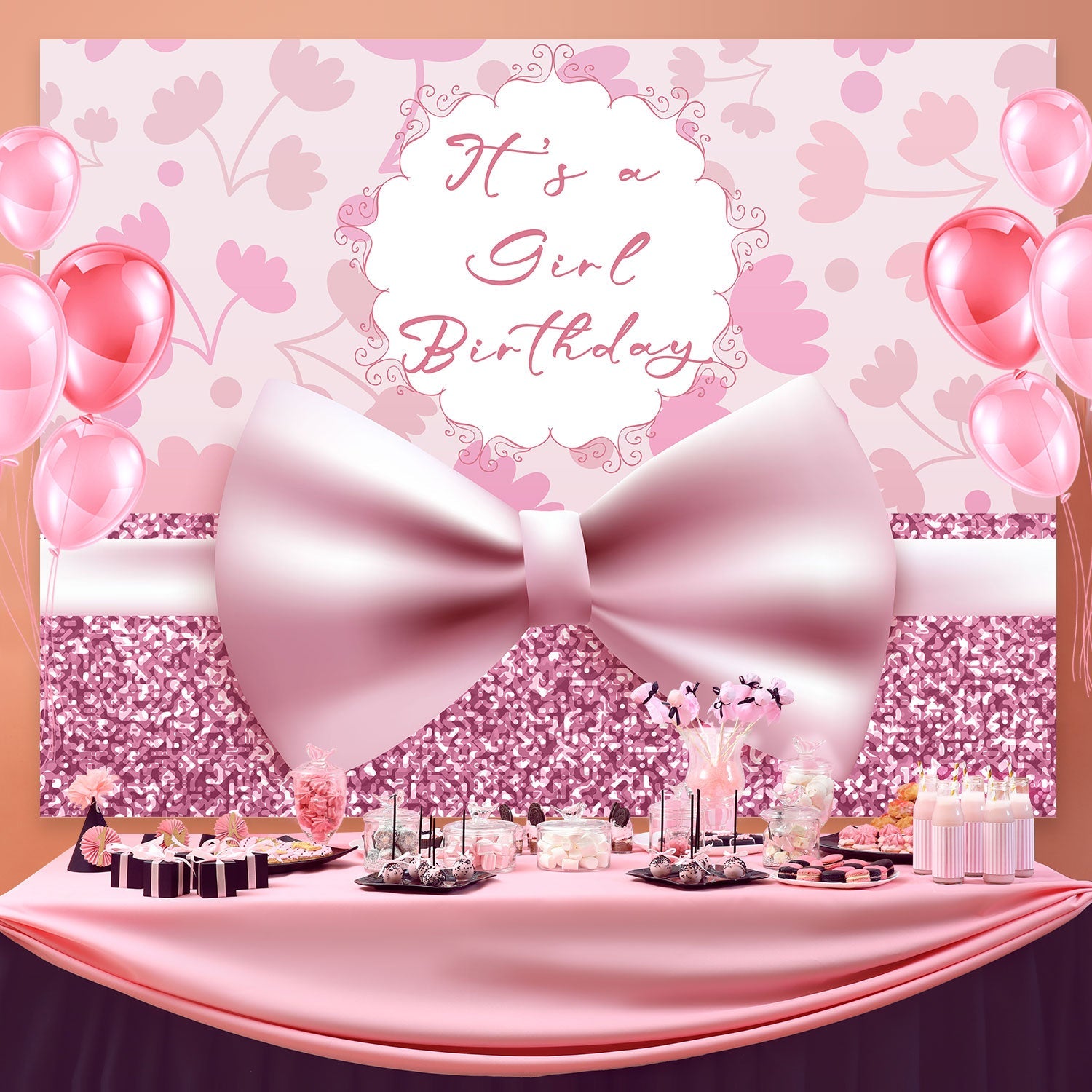 Personalized Birthday Photo Backdrop Romantic Pink Bow Backdrop UK BRP3-56