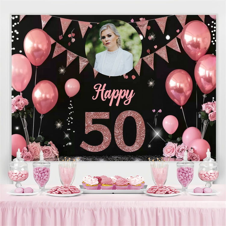 Personalized 50th Birthday Backdrops Pink Balloon Rose Backdrop UK BRP4-10