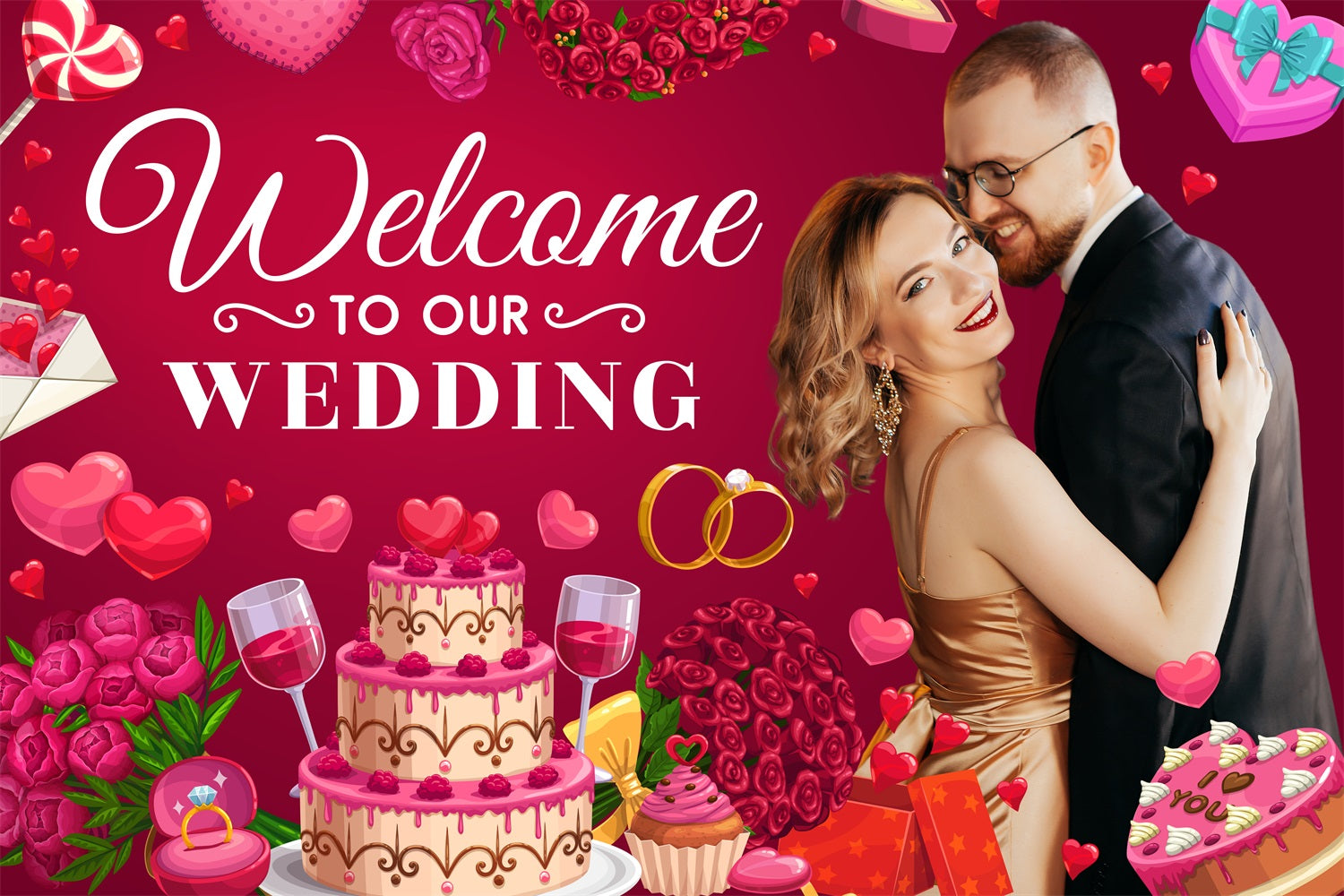 Wedding Photo Backdrop Love Roses Cake Personalised Backdrop UK BRP4-109