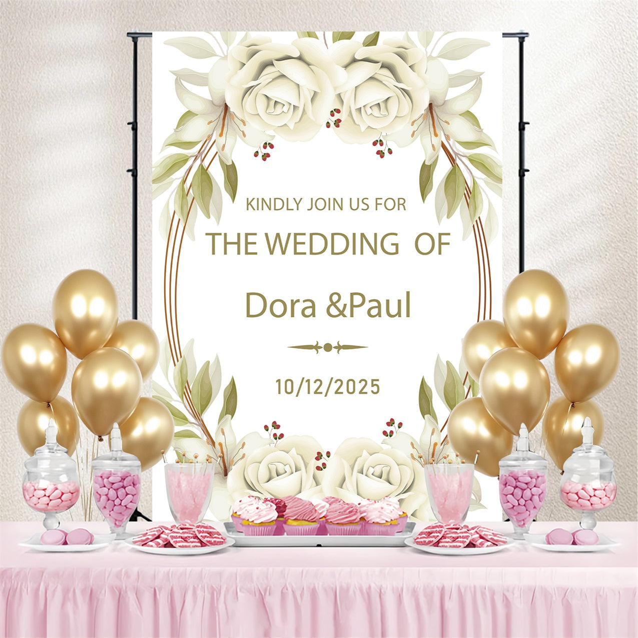 Photo Backdrop Wedding Ivory Roses Ceremony Personalised Backdrop UK BRP4-119