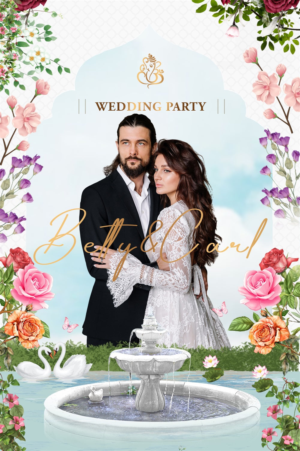 Wedding Floral Backdrop Garden Swan Fountain Personalized Backdrop UK BRP4-128