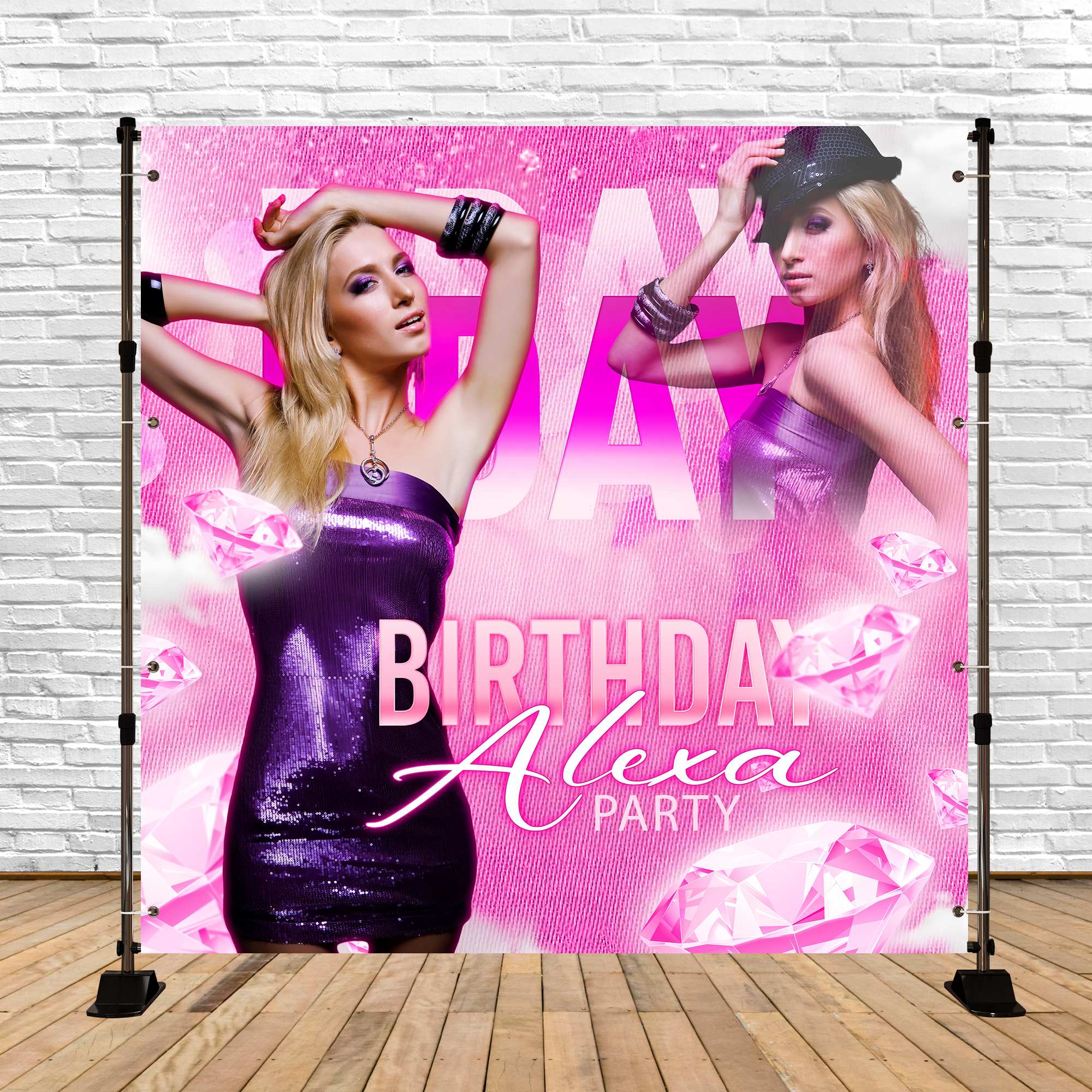 Pink Birthday Backdrop Diamond Glam Pink Personalized Backdrop UK BRP5-89