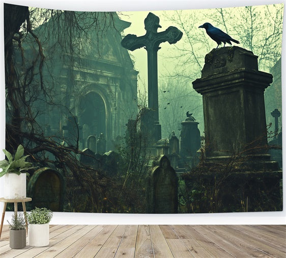 Halloween Graveyard Backdrop Abandoned Graves Church Backdrop UK BRP57-103