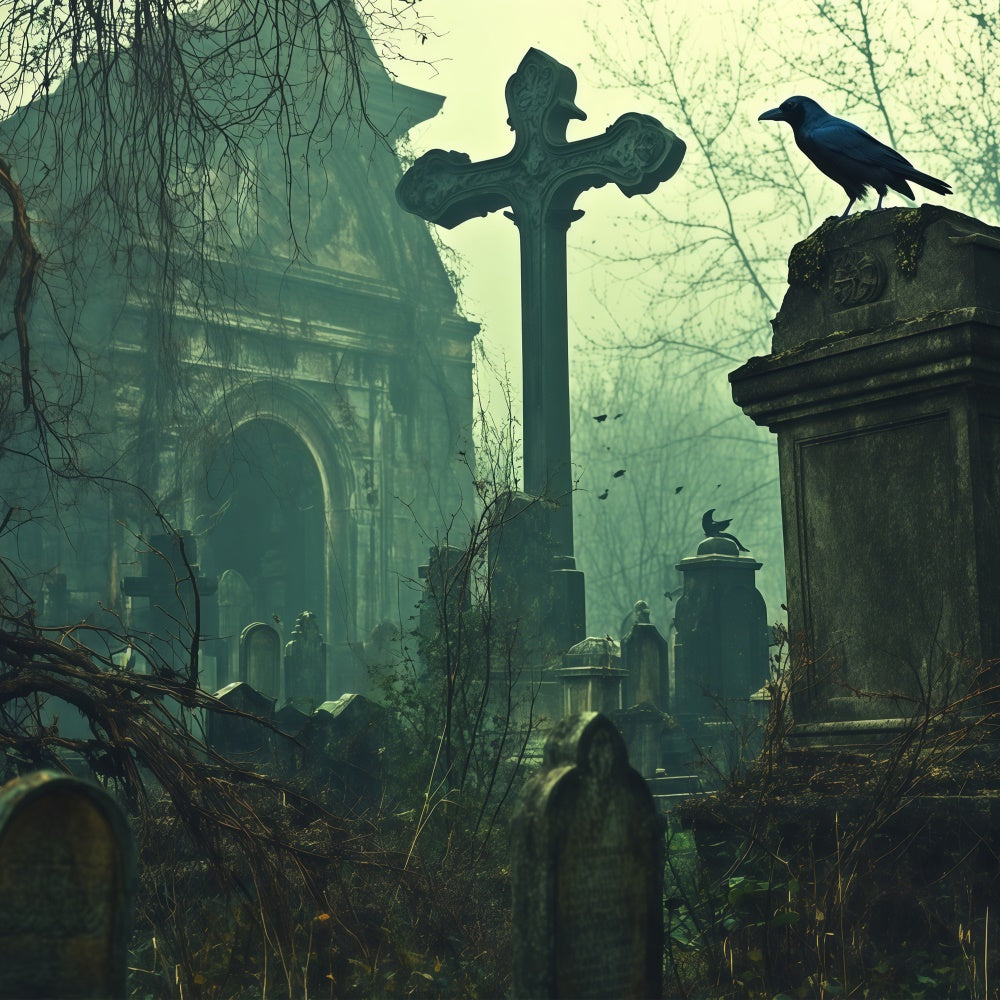Halloween Graveyard Backdrop Abandoned Graves Church Backdrop UK BRP57-103