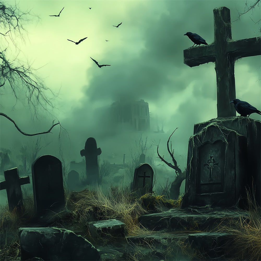 Halloween Graveyard Backdrop Wasteland Tomb Fog Backdrop UK BRP57-105