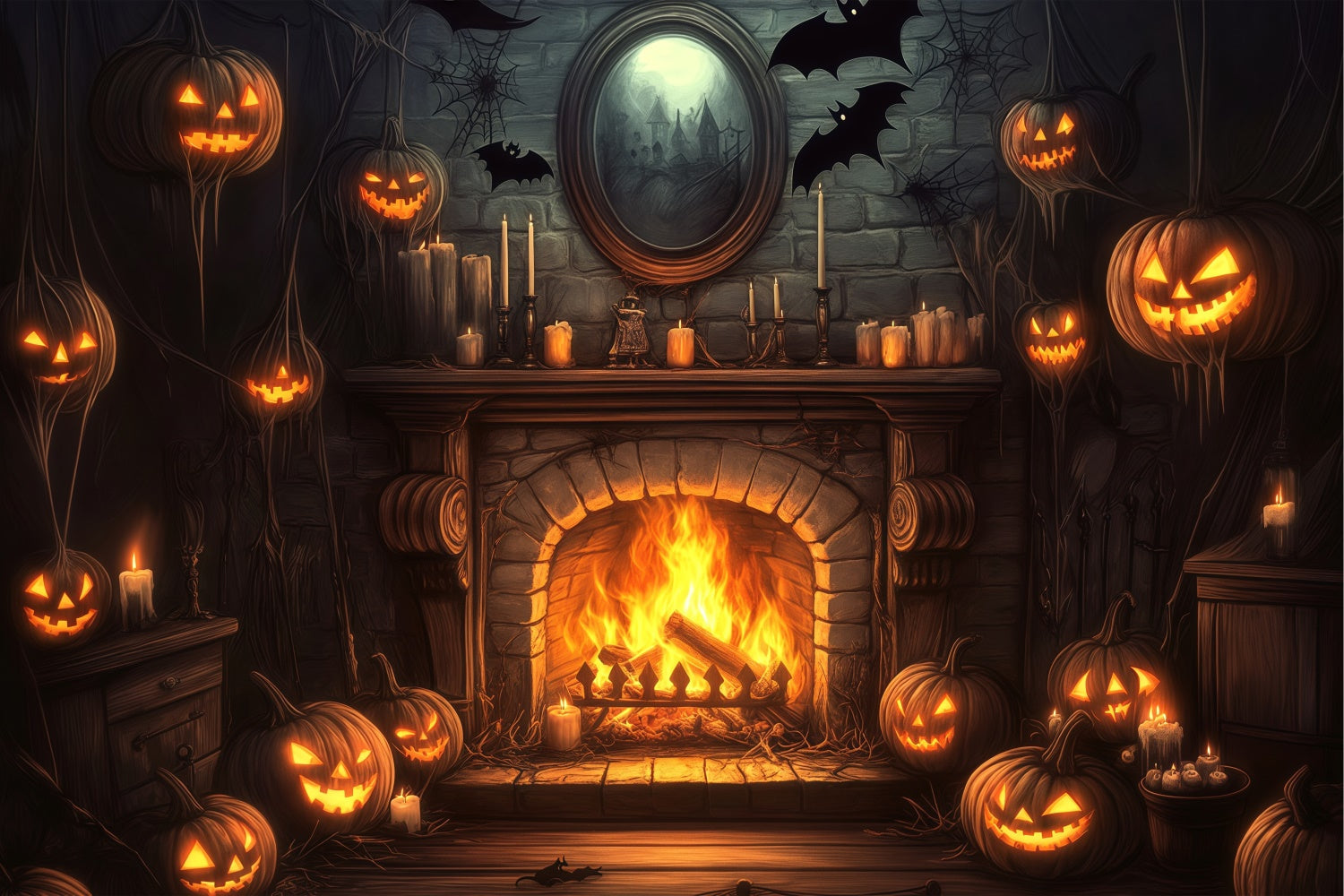 Halloween Picture Backdrop Pumpkin Fireplace Bat Backdrop UK BRP57-113