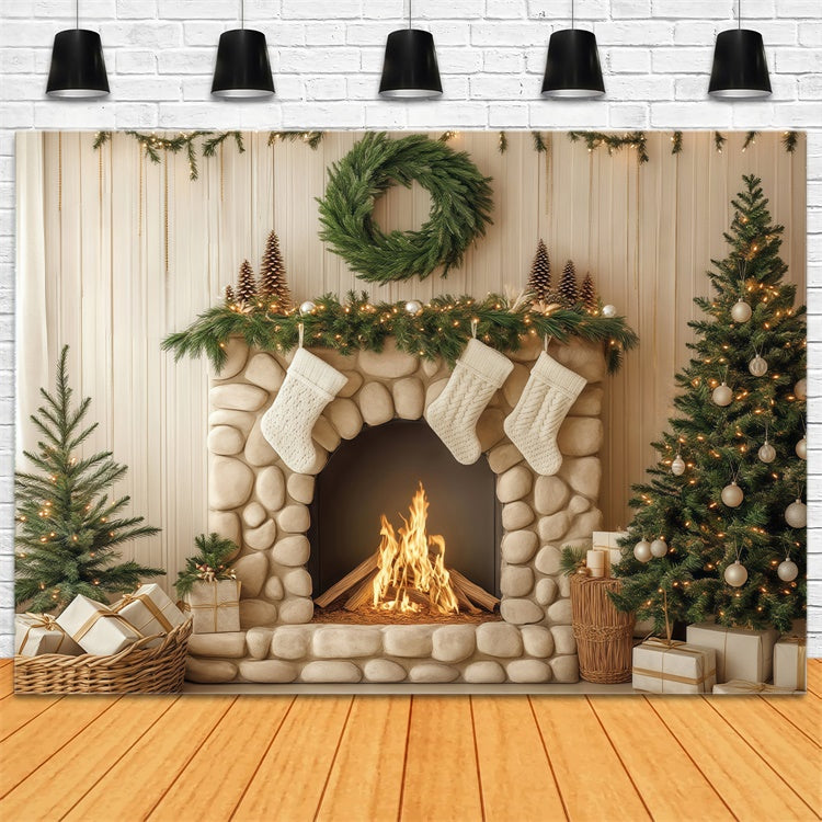 Christmas Fireplace Backdrop Pebble Hearth Pines Backdrop UK BRP57-134