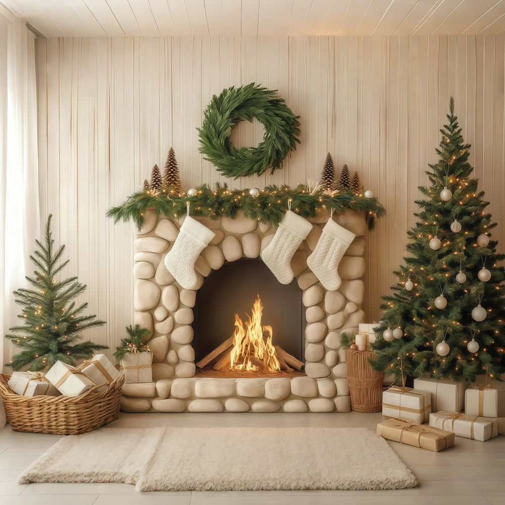 Christmas Fireplace Backdrop Pebble Hearth Pines Backdrop UK BRP57-134