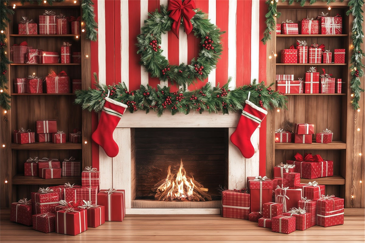Christmas Fireplace Backdrop Candy Cane Gift Wall Backdrop UK BRP57-136