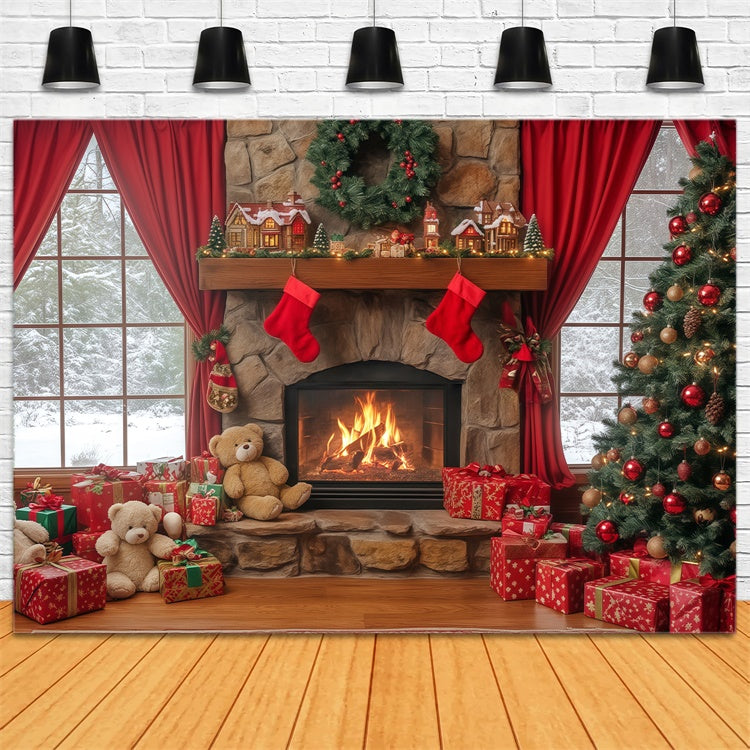 Christmas Fireplace Backdrop Fireside Teddy Dreams Backdrop UK BRP57-138
