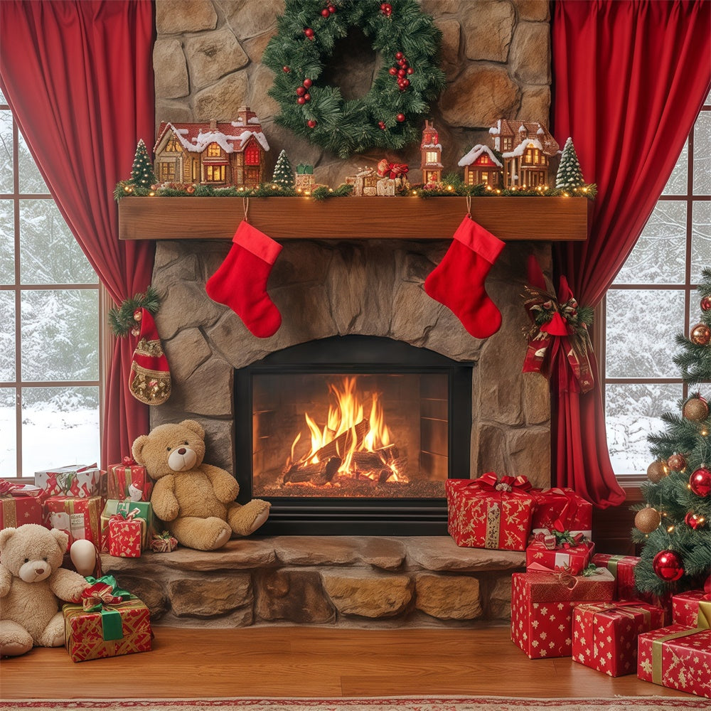 Christmas Fireplace Backdrop Fireside Teddy Dreams Backdrop UK BRP57-138