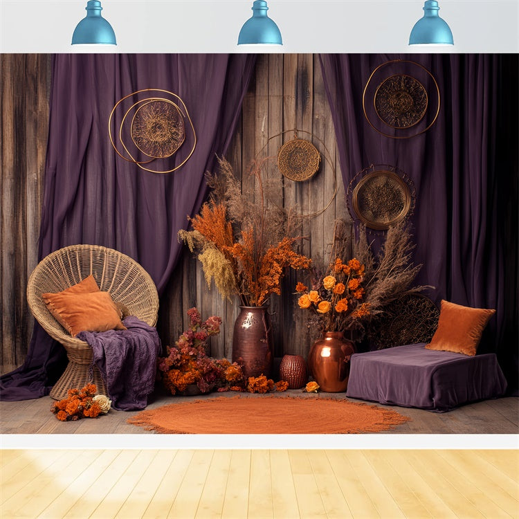 Fall Backdrop Dried Floral Purple Curtain Backdrop UK BRP57-187