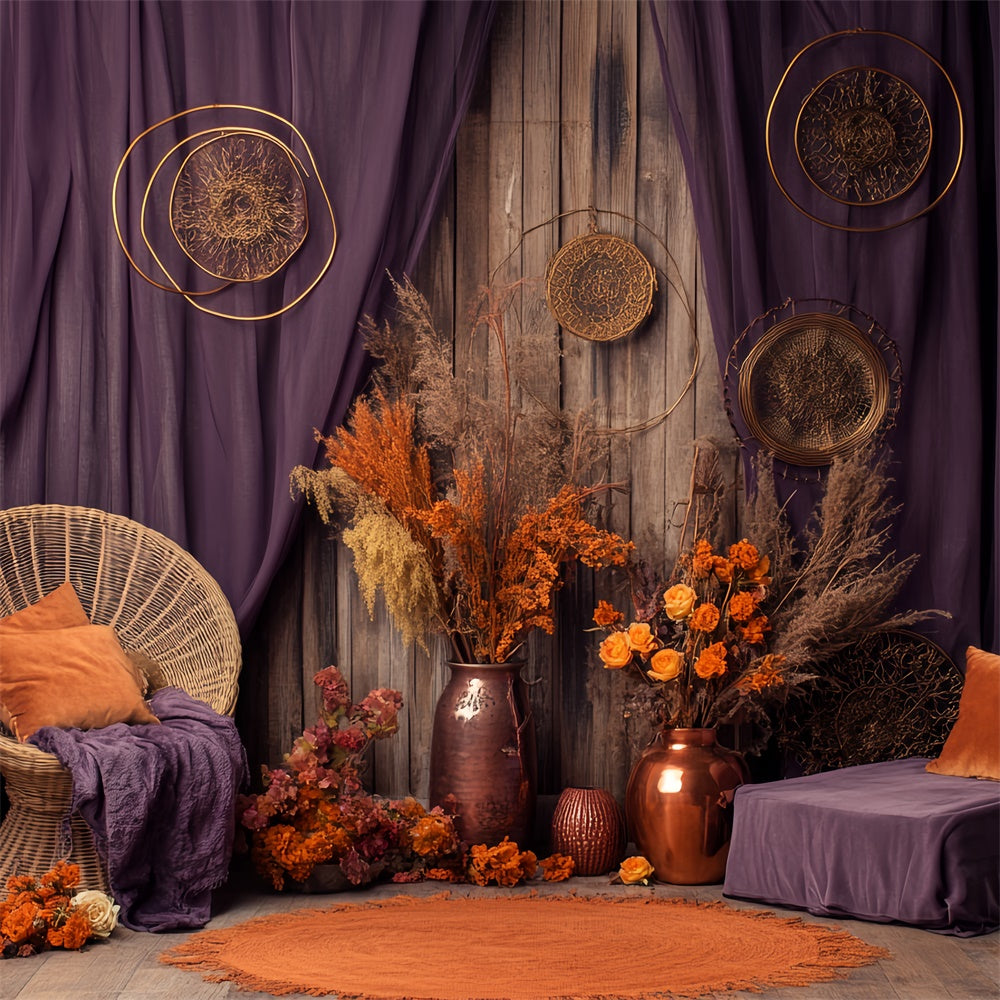 Fall Backdrop Dried Floral Purple Curtain Backdrop UK BRP57-187