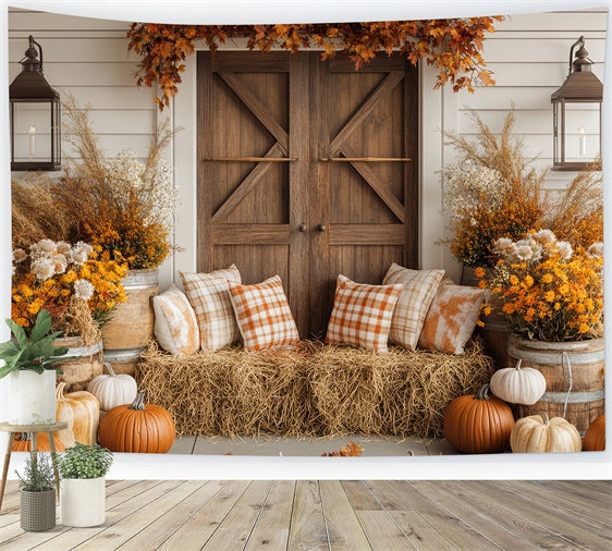 Thanksgiving Day Backdrop Cozy Porch Plaid Pillow Backdrop UK BRP57-346