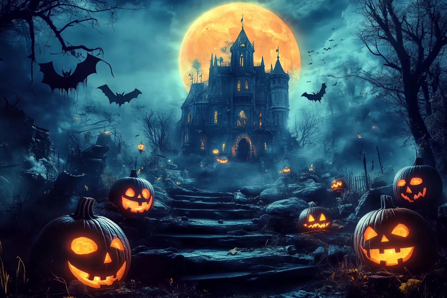 Halloween Moon Backdrop Haunted Hill Castle Path Backdrop UK BRP57-63