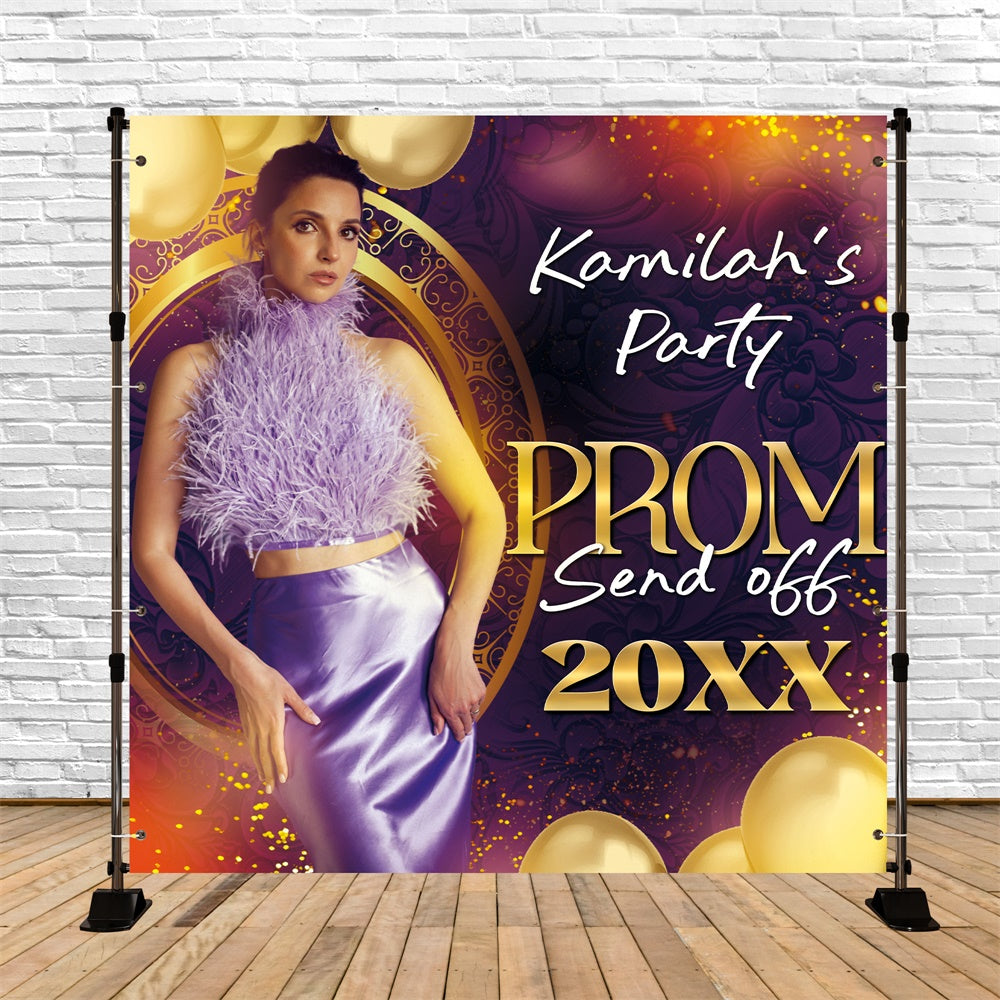 Prom 2025 Backdrop Golden Purple Glam Custom Party Graduation Backdrop UK BRP6-194