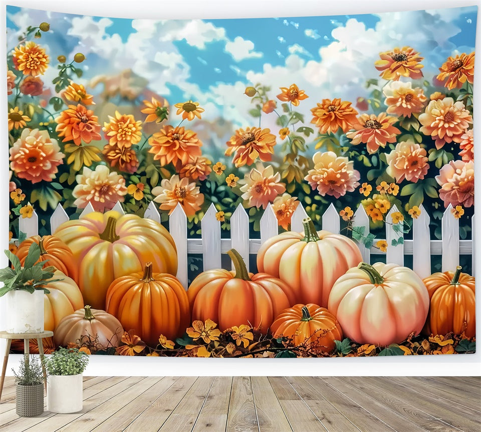 Bright Autumn Floral Fence Pumpkins Backdrop UK BRP7-210