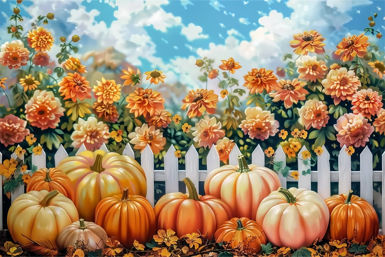 Bright Autumn Floral Fence Pumpkins Backdrop UK BRP7-210