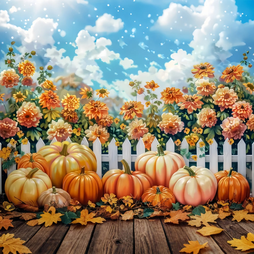 Bright Autumn Floral Fence Pumpkins Backdrop UK BRP7-210